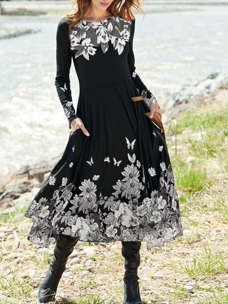 

Casual Cotton Round Neck Dresses, Black, Midi Dresses