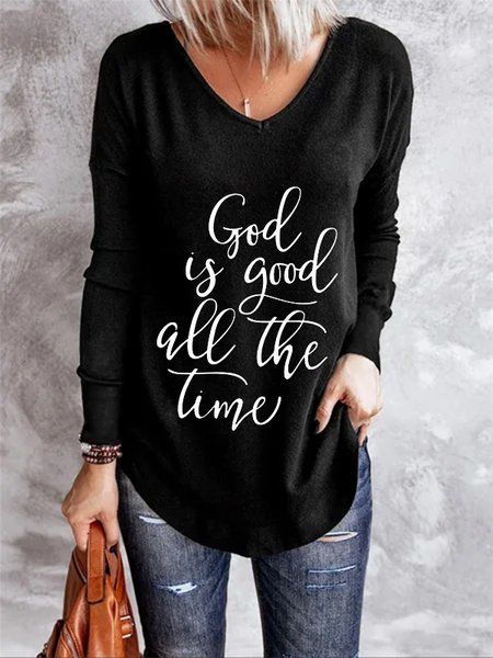 

Long Sleeve V Neck Casual Letter Shirts & Tops, Black, T-Shirts
