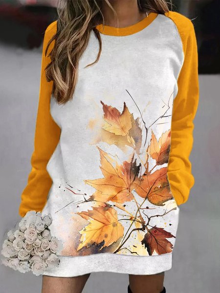 

Yellow Leaves Print Casual Raglan Sleeve Round Neck Mini Dresses, Tie dye dress