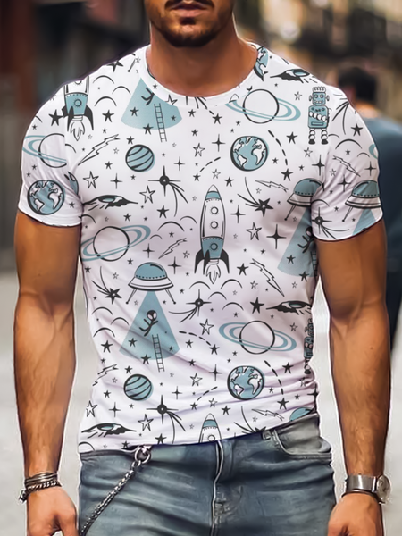 

Short Sleeve Printed Crew Neck Shirts & Tops, White, Men's t-shirts