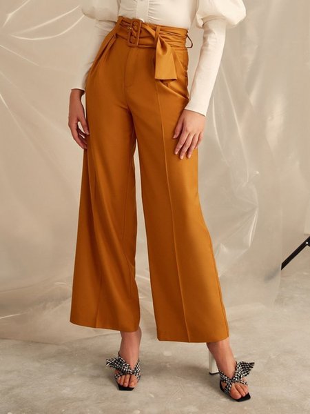

Solid Regular Mid Waist Fit Pants, Yellow brown, Wide Leg Pants
