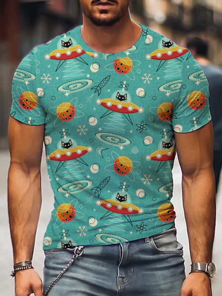 

Crew Neck Short Sleeve Geometric Shirts & Tops, Green, Men's t-shirts