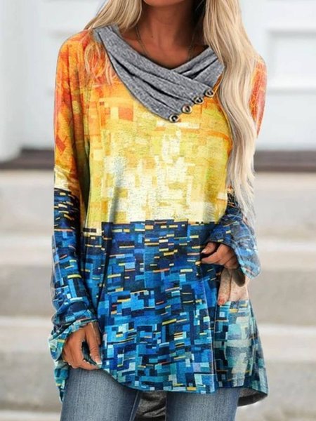 

Casual Long Sleeve V Neck Printed Top, Multicolor, Tops