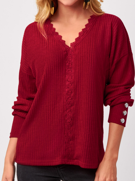 

Long sleeve V-neck lace Christmas red pit top T-shirt women, Long sleeve tops
