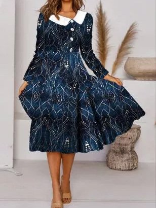 

Lapel Casual Cotton Dresses, Blue, Midi Dresses