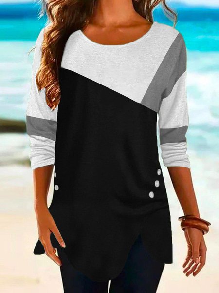 

Color Block Loosen Crew Neck Top, As picture, Long sleeve tops