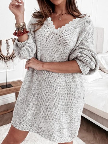 

Casual V Neck Guipure Sweater, Gray, Sweaters & Cardigans