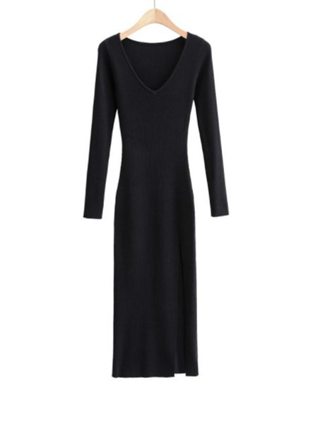 

Long Sleeve Daily Solid V Neck Midi Dress, Black, Midi Dresses
