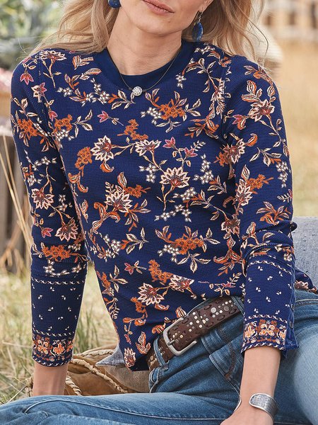 

Casual Crew Neck Floral Shirts & Tops, Blue, Tops