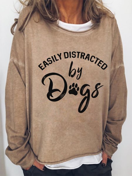 

EASILY DISTRACTED BY DOGS Casual Letter Loosen Sweatshirt, Khaki, Hoodies&Sweatshirts