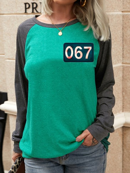 

Fun game number printing round neck long sleeve T-shirt, Green, Hoodies&Sweatshirts