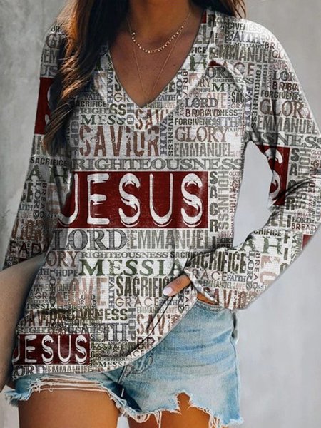 

Long Sleeve Letter Casual V Neck Shirts & Tops, White, T-Shirts