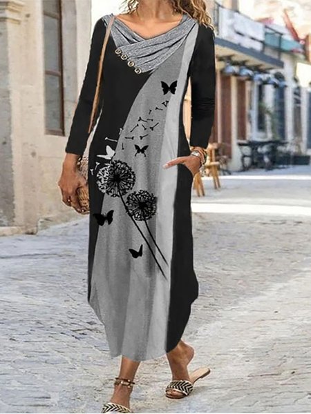 

Cowl Neck Dandelion Printed Long Sleeves Dresses, Gray, Maxi Dresses