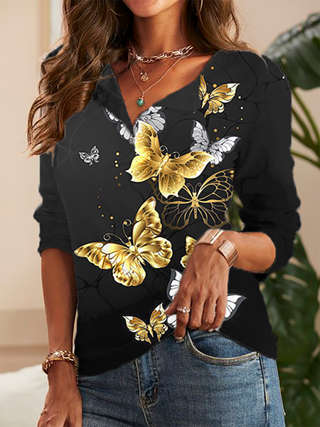 

Plus size Butterfly Printed Casual Shirts & Tops, Black, T-Shirts