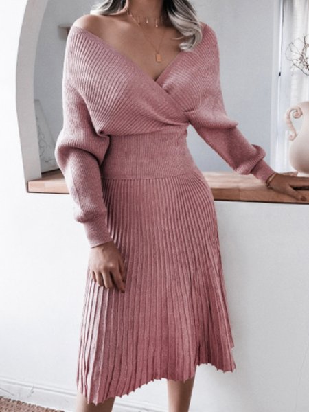 

Long Sleeve Lady Off The Shoulder Dress Suit, Pink, Two-piece Set
