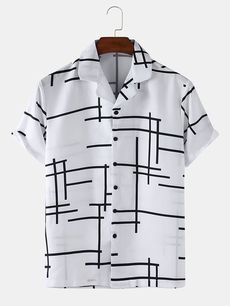 

Mens Cotton Irregular Line Print Plain Loose Thin Short Sleeve Shirts, White, Men's Floral shirt
