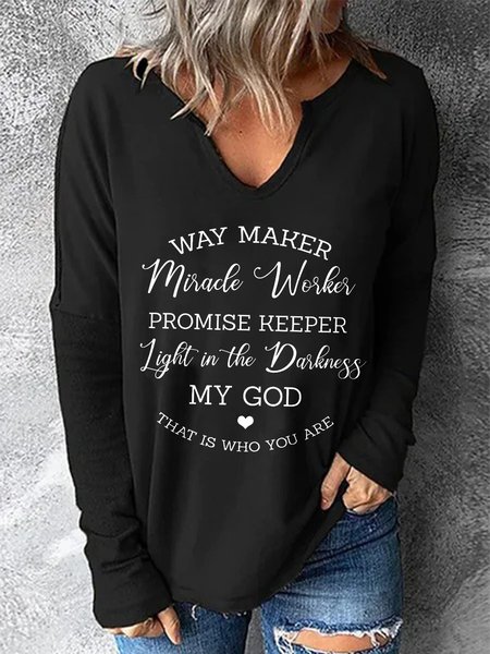 Letters Pattern Long Sleeves V Neck Plus Size Casual Tops, Black, T-Shirts