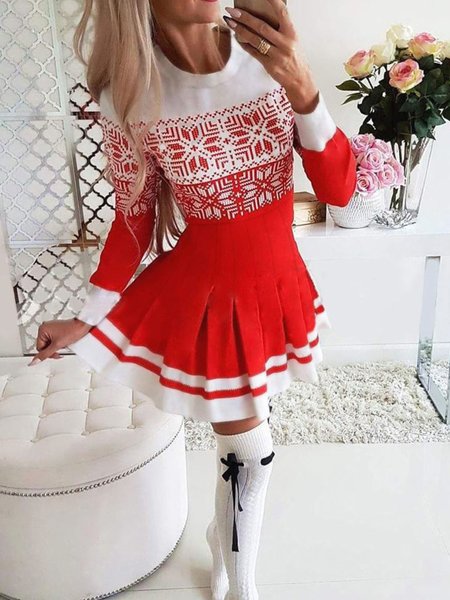

Geometric Crew Neck Casual Mini Dress, Red, Mini Dresses