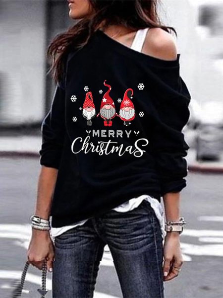 

Christmas Santa Printed Long Sleeve Round Neck Casual Loosen Sweatshirt, Black, Hoodies & Sweatshirts