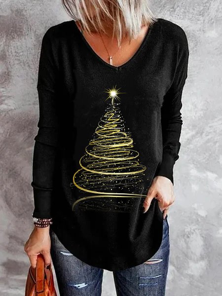 

The Christmas Tree Casual V Neck Tops, Black, Tops