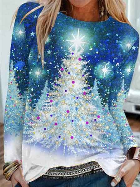 

Casuale Maniche Lunghe Girocollo Stampato Superiore, Blu, Blouses & Shirts