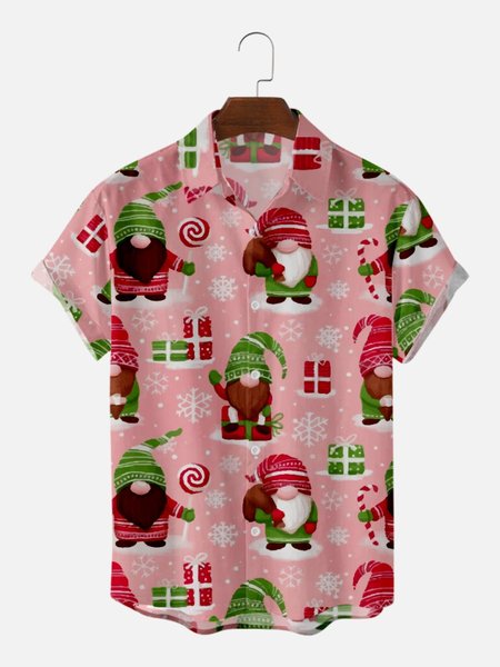 Pink Christmas Elves Men's Casual Short Sleeve Shirts & Tops, As picture, Shirts