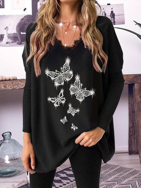 

Casual Butterfly Loosen Shirts & Tops, Black, Tops