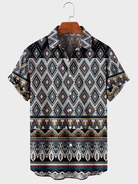

Shirt Collar Short Sleeve Shirts, Blue, Men's basic shirt
