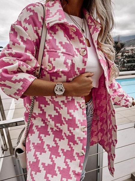 

Vintage Casual Simple Houndstooth Shirt Collar Outerwear, Rose red, Coats