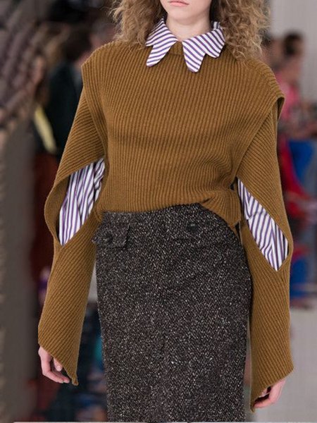 

Casual Simple Crew Neck Plain Sweater, Coffee, Pullovers