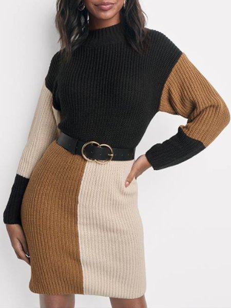 

Crew Neck Long Sleeve Color Block Sweater Dress, As picture, Mini Dresses