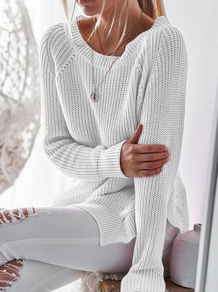 

Crew Neck Loosen Wool/Knitting Sweater, White, Sweaters & Cardigans