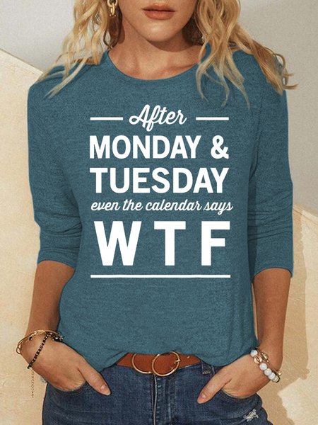 

Funny text print round neck long sleeve T-shirt, Green, Long sleeves