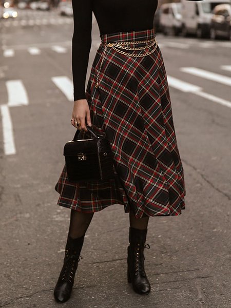 

Vintage Grid A Line Daily Skirt, As picture, Midi Skirts