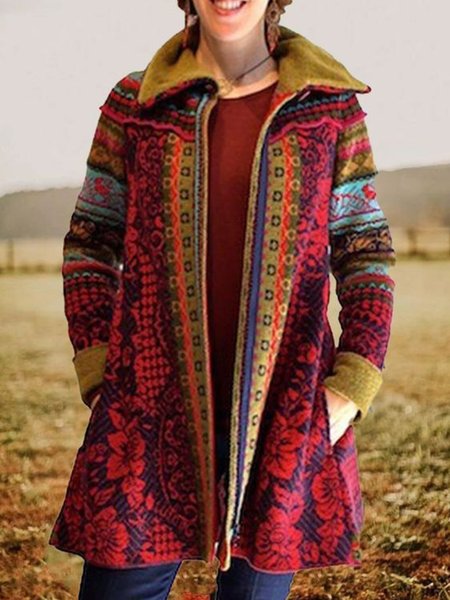 

Casual Lapel Tribal Long Sleeve Outerwear, As picture, Outerwear