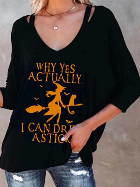 Casual Long Sleeve V Neck Printed Top, Black, Tops