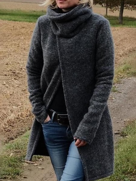 

Loosen Plain High Neck Outerwear, Deep gray, Cardigans