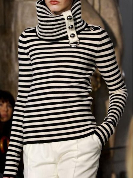 

Elegant Slim Fit Striped High Neck Sweater, Stripe, Pullovers