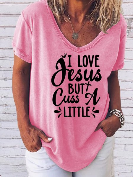 

Funny text printed V-neck short-sleeved T-shirt, Pink, T-shirts