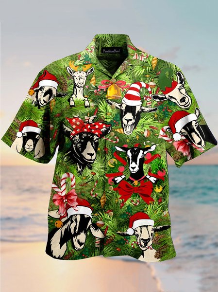 

Mens Christmas Goat Print Loose Short Sleeve Shirts, Green, Men's Floral shirt