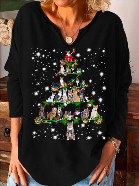 

Christmas Casual Notched Printed Long Sleeve Shirts & Tops, Black, Tops