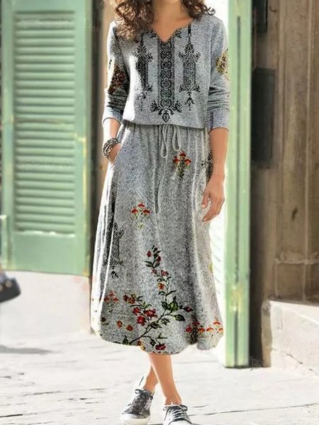 

V Neck Casual Dresses, Gray, Midi Dresses