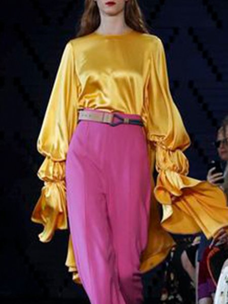 

Plain Crew Neck Sweet Regular Fit Shirt, Yellow, Blouses and Shirts