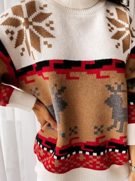 Long Sleeve Holiday Loosen High Neck Sweater, Beige, Pullovers