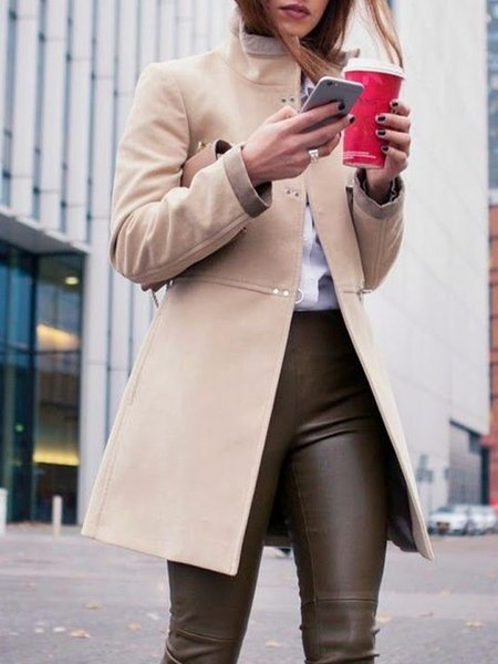 

Loosen Solid Stand Collar Outerwear, Khaki, Coats