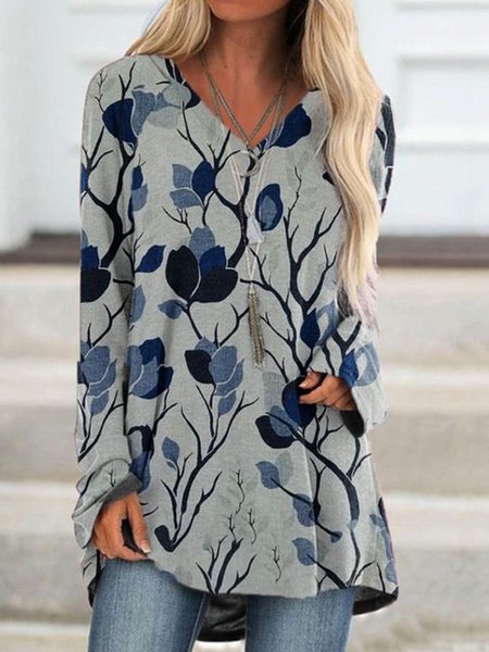 

Printed V Neck Loosen Casual Shirts & Tops, Gray, Tops