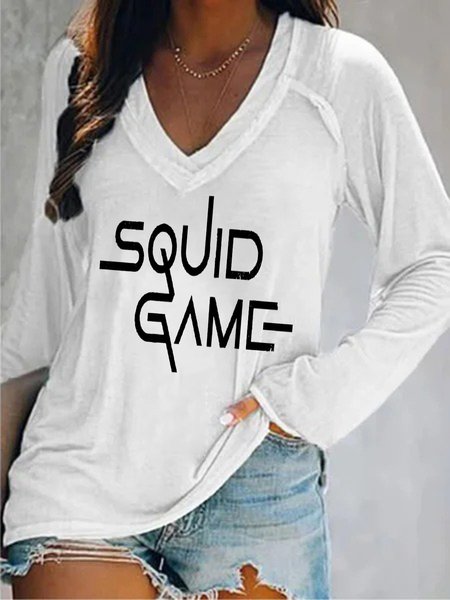 

Squid Game Printed Casual V Neck Shirts & Tops, White, Tops