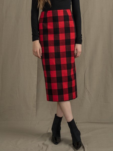 

Elegant Regular Fit Grid Straight Skirt, Red, Midi Skirts