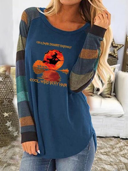 

Halloween Moon Witch lettered long-sleeve striped round neck top, Blue, Long sleeve tops