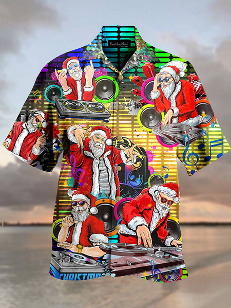 

Mens Music DJ Santa Christmas Print Loose Short Sleeve Shirts, Yellow, Shirts ＆ Blouse